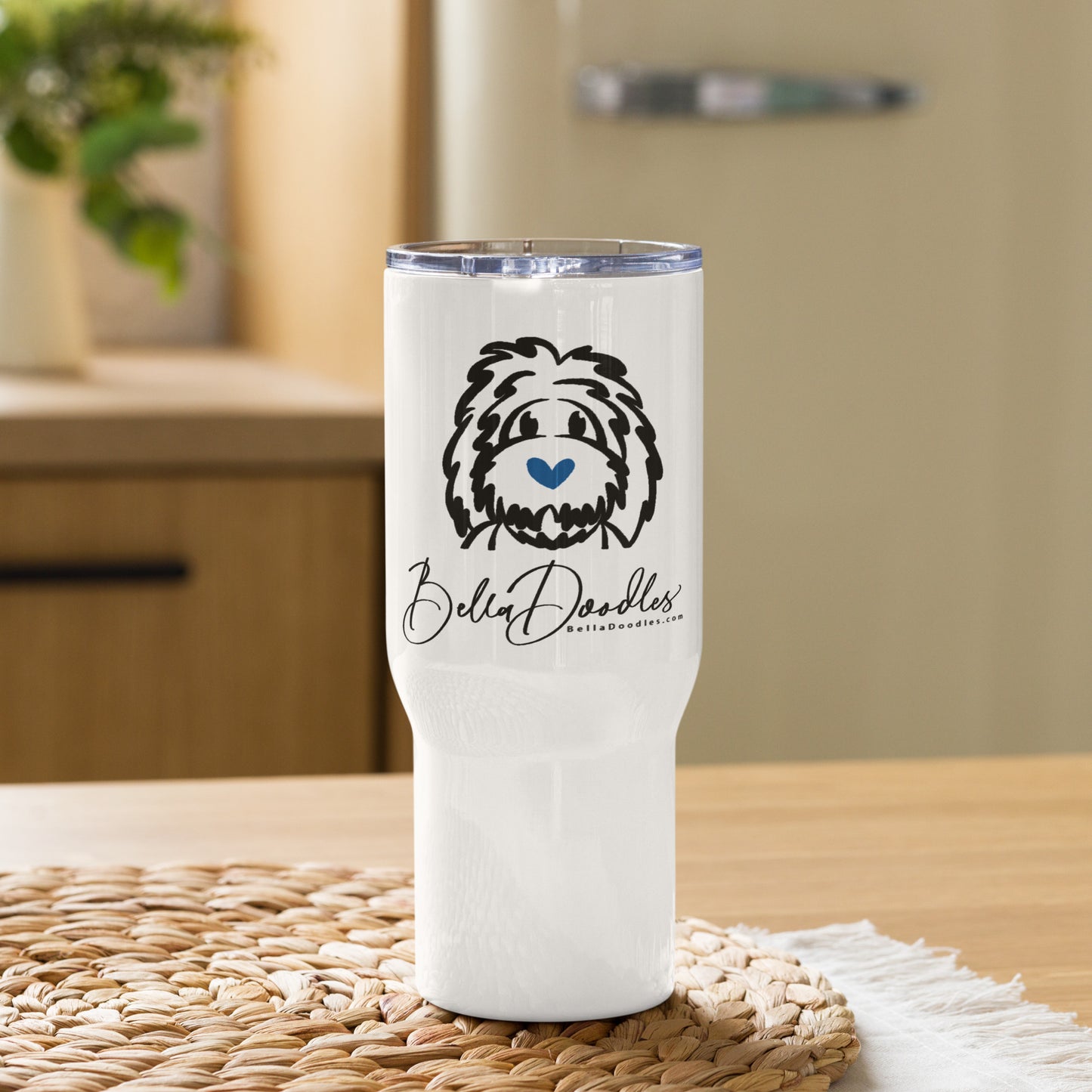 new for the holidays! belladoodle logo -travel mug with a handle