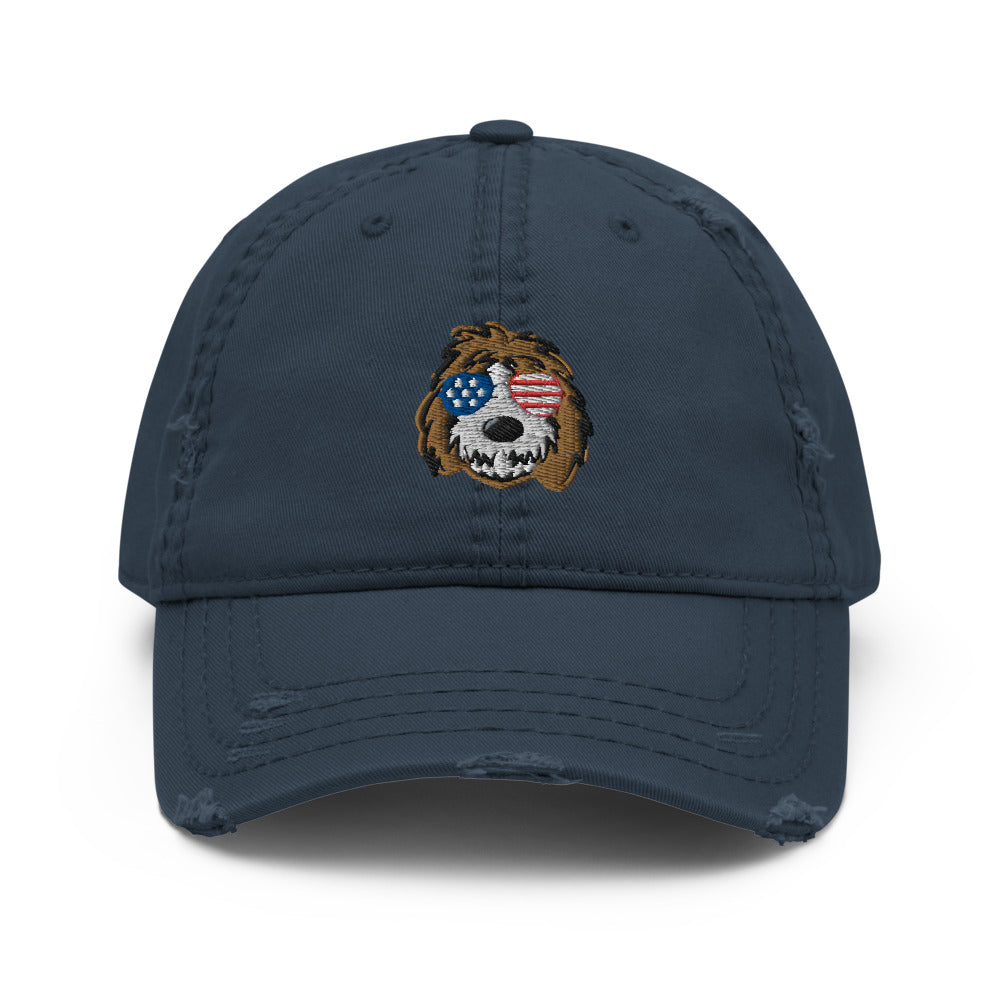 patriotic tuxedo doodle with sunglasses distressed dad hat