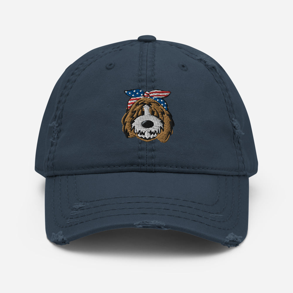 patriotic tuxedo doodle with headband distressed dad hat