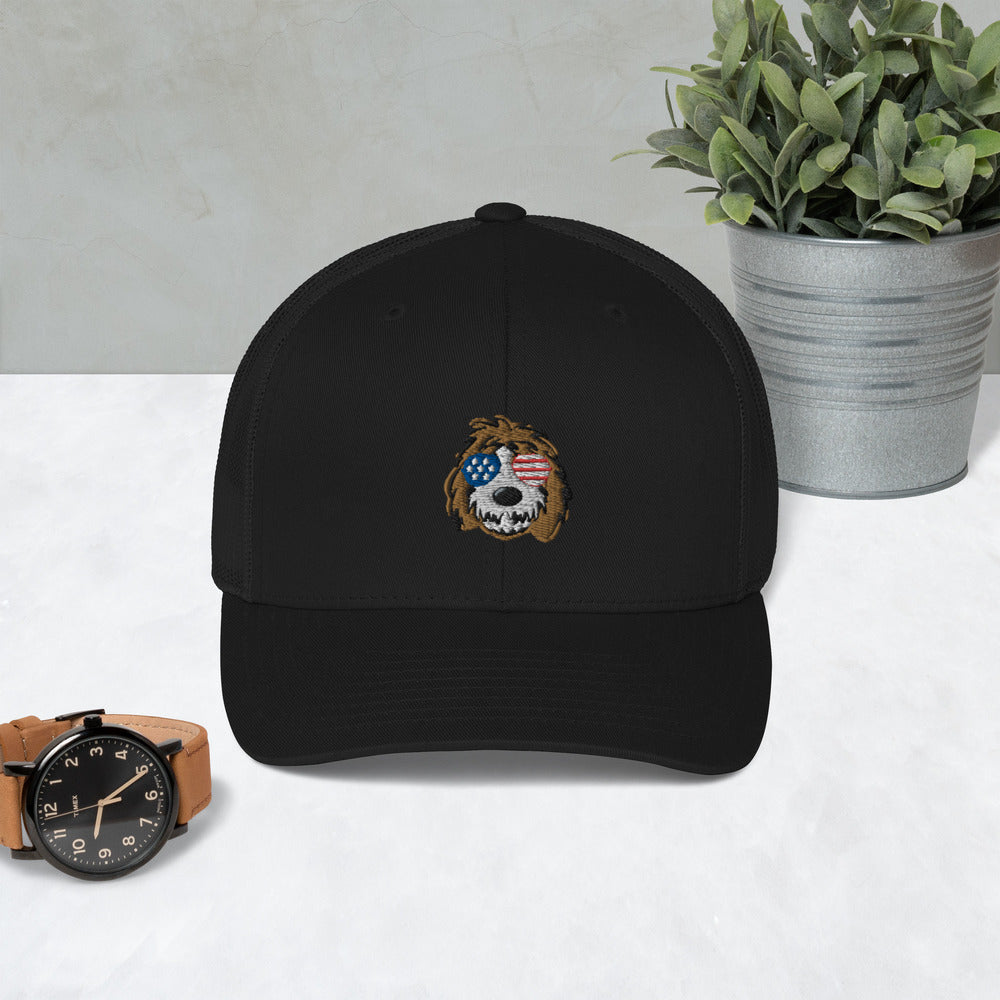 patriotic tuxedo doodle with sunglasses trucker cap