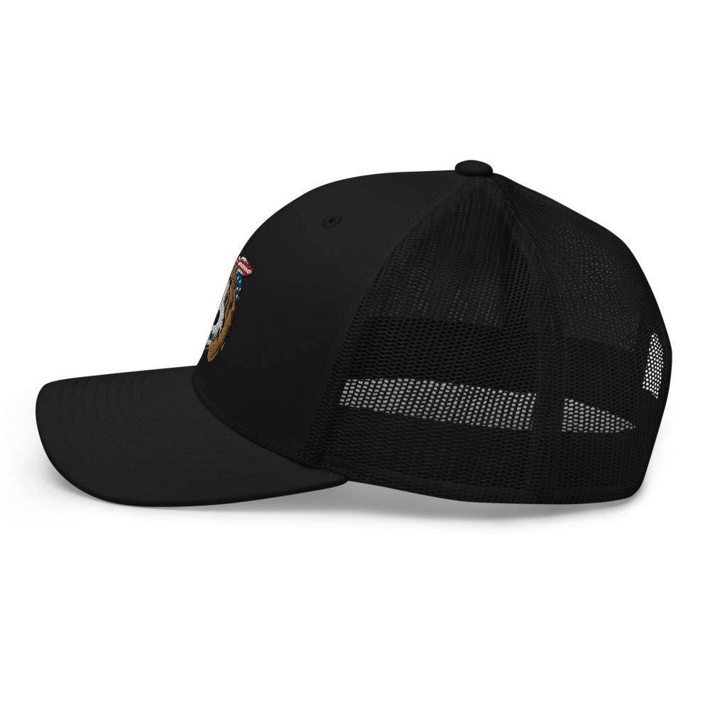 patriotic tuxedo doodle with headband trucker cap