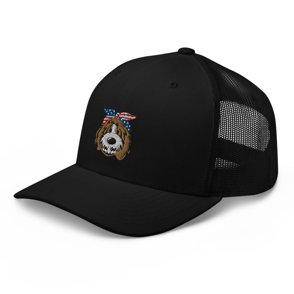 patriotic tuxedo doodle with headband trucker cap