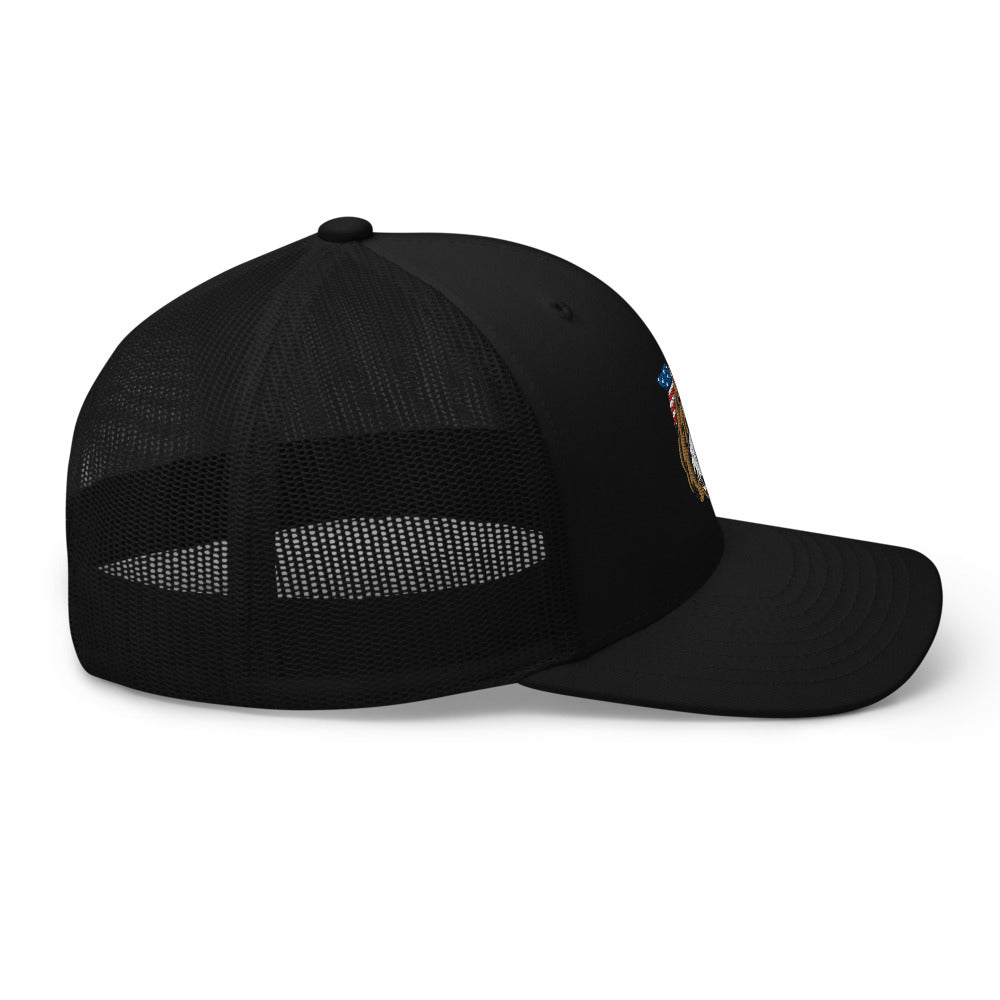 patriotic tuxedo doodle with headband trucker cap