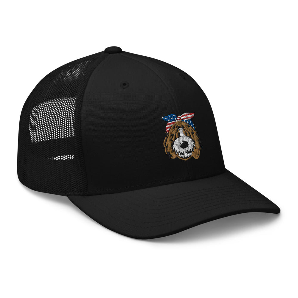 patriotic tuxedo doodle with headband trucker cap