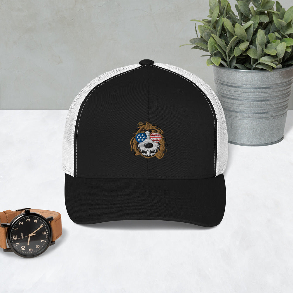 patriotic tuxedo doodle with sunglasses trucker cap