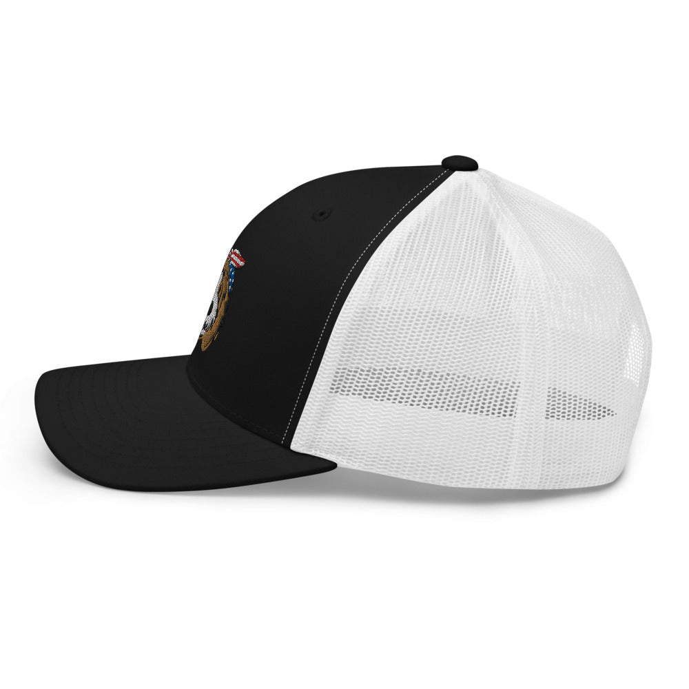patriotic tuxedo doodle with headband trucker cap