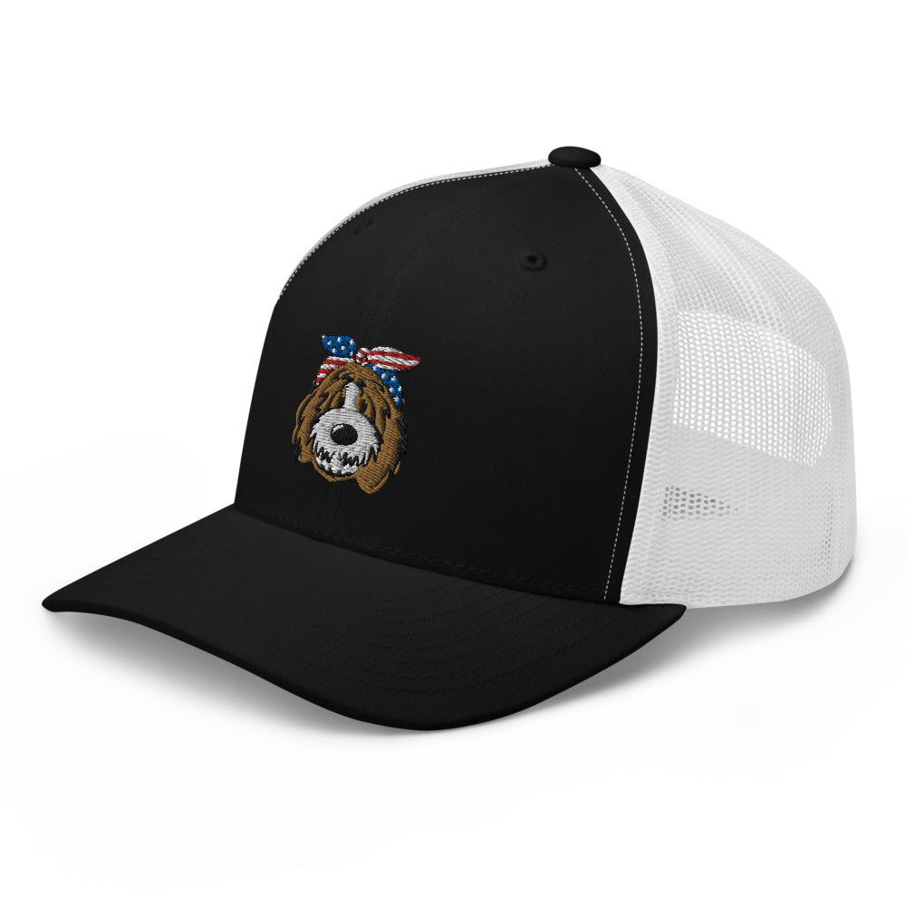 patriotic tuxedo doodle with headband trucker cap