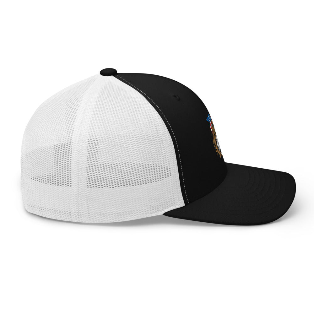 patriotic tuxedo doodle with headband trucker cap