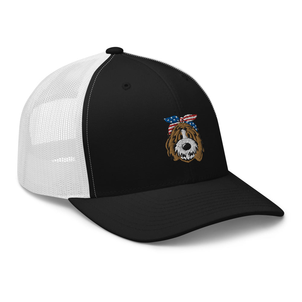 patriotic tuxedo doodle with headband trucker cap