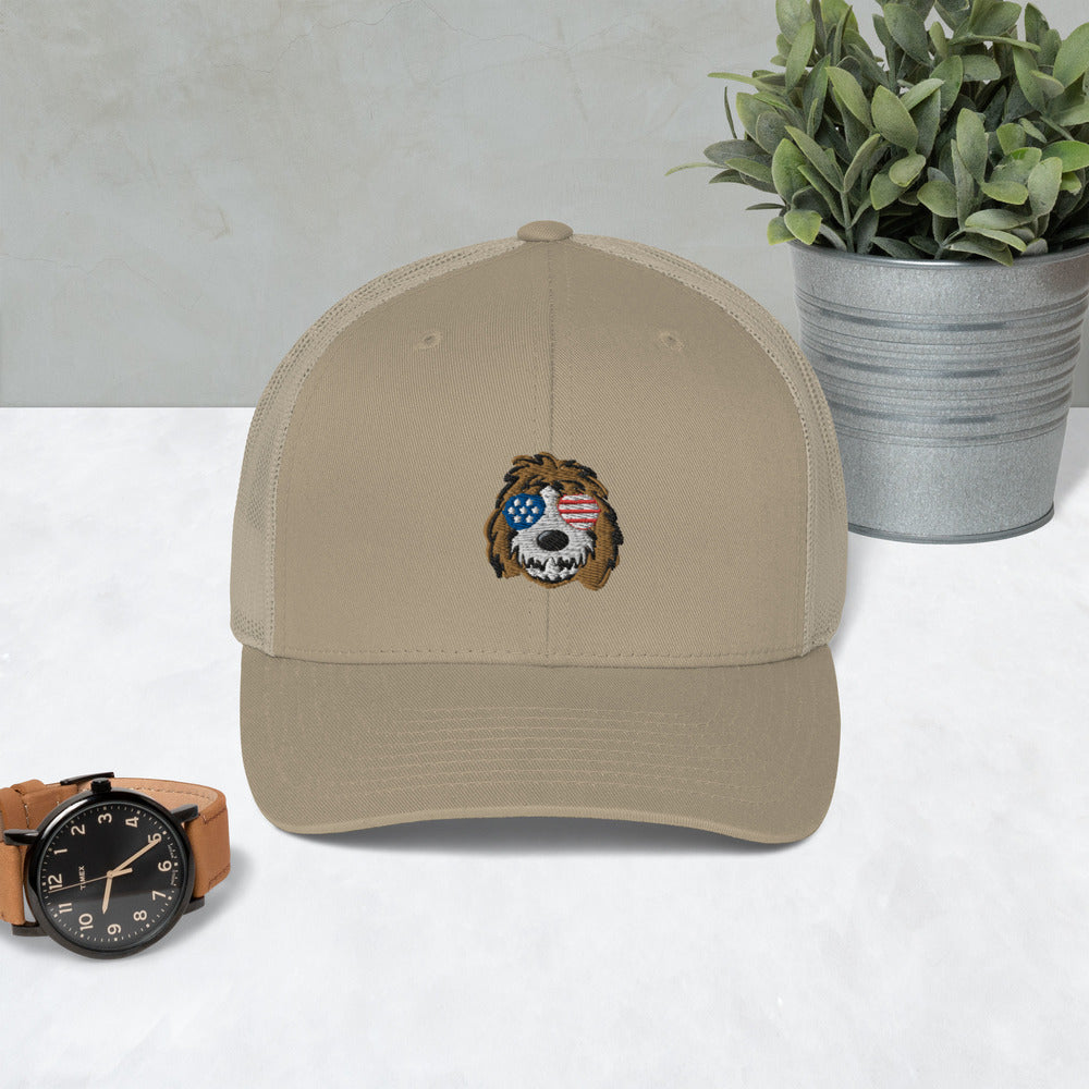 patriotic tuxedo doodle with sunglasses trucker cap