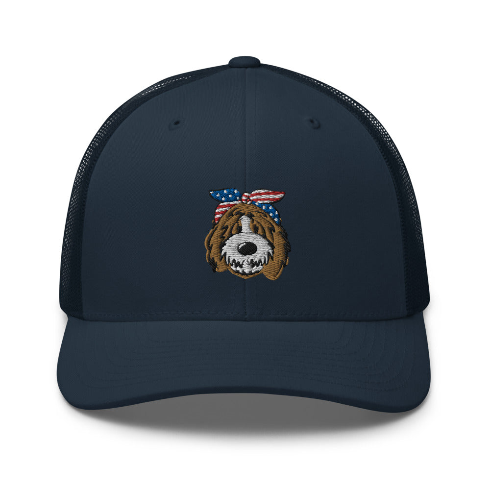 patriotic tuxedo doodle with headband trucker cap