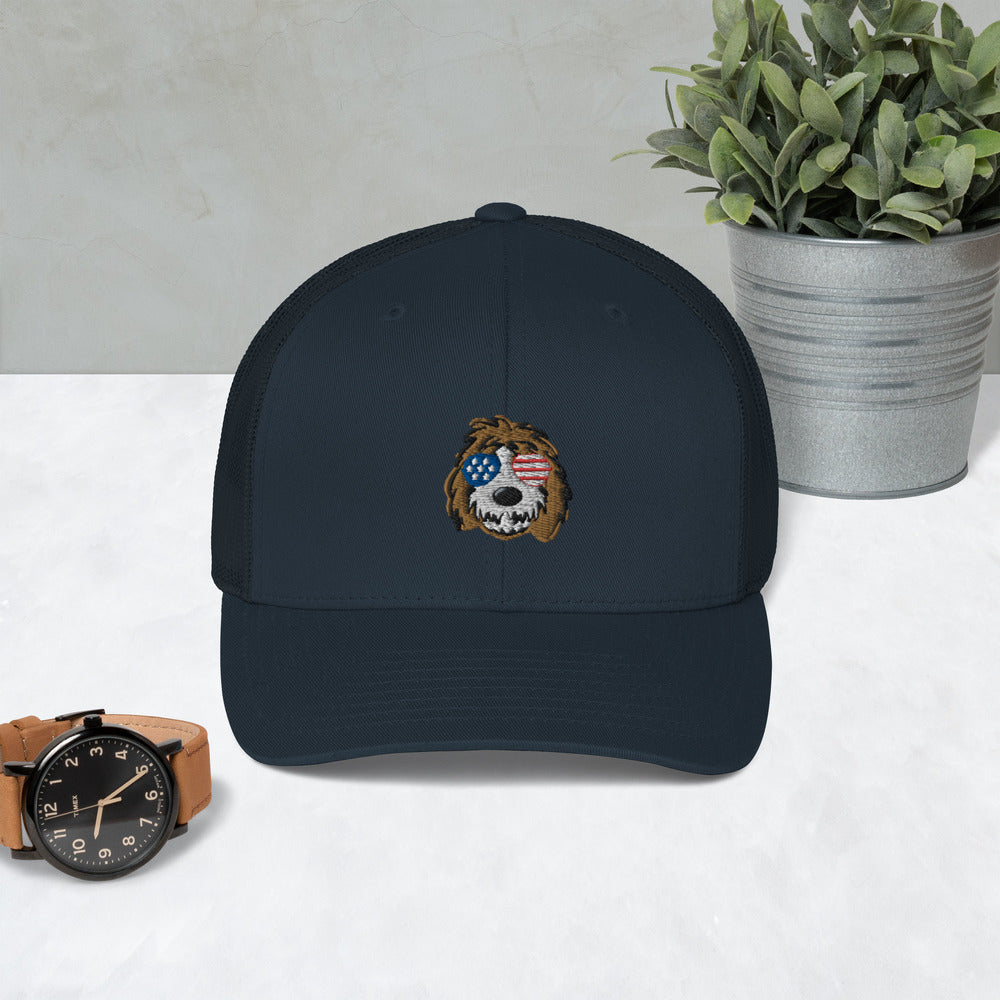 patriotic tuxedo doodle with sunglasses trucker cap