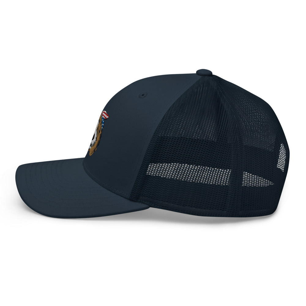 patriotic tuxedo doodle with headband trucker cap