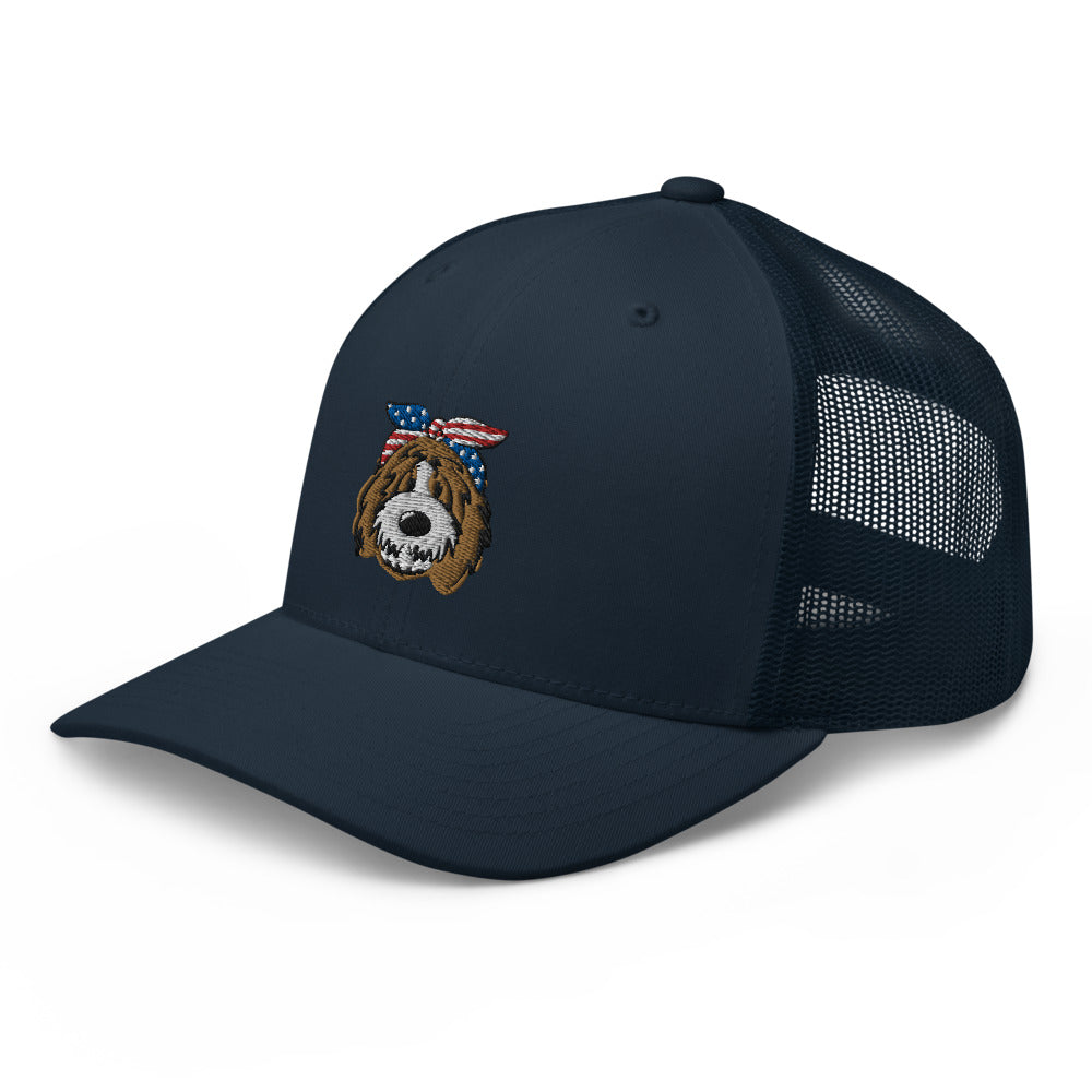 patriotic tuxedo doodle with headband trucker cap