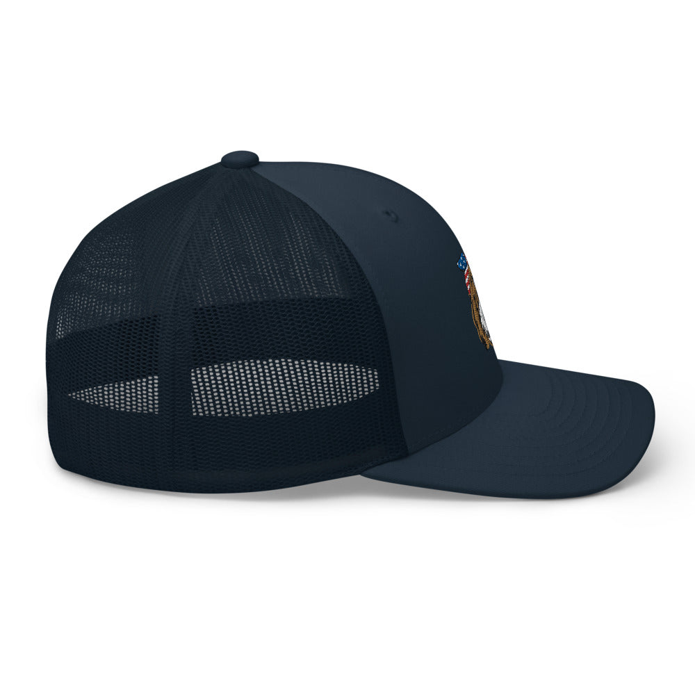 patriotic tuxedo doodle with headband trucker cap