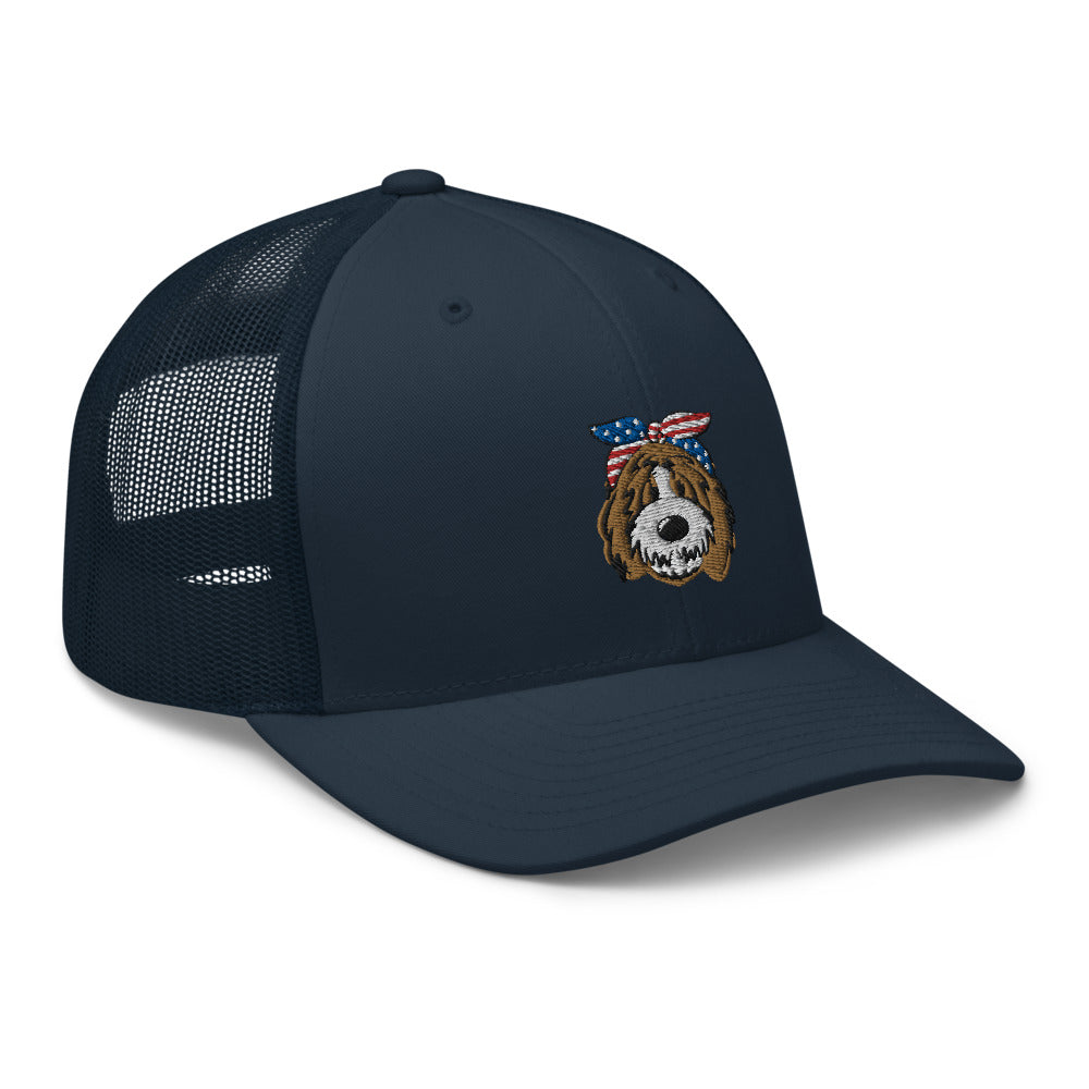 patriotic tuxedo doodle with headband trucker cap