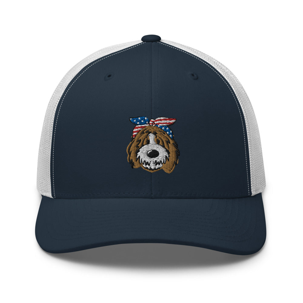 patriotic tuxedo doodle with headband trucker cap