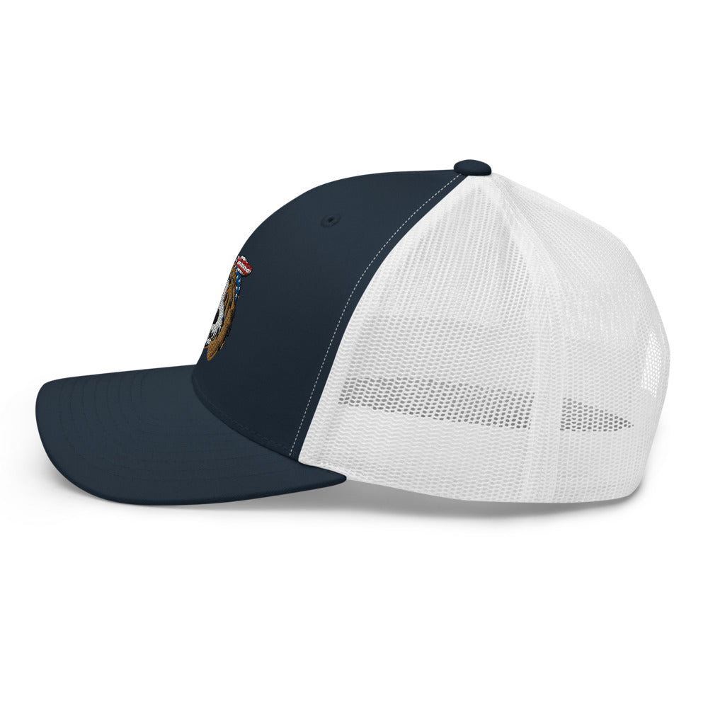 patriotic tuxedo doodle with headband trucker cap