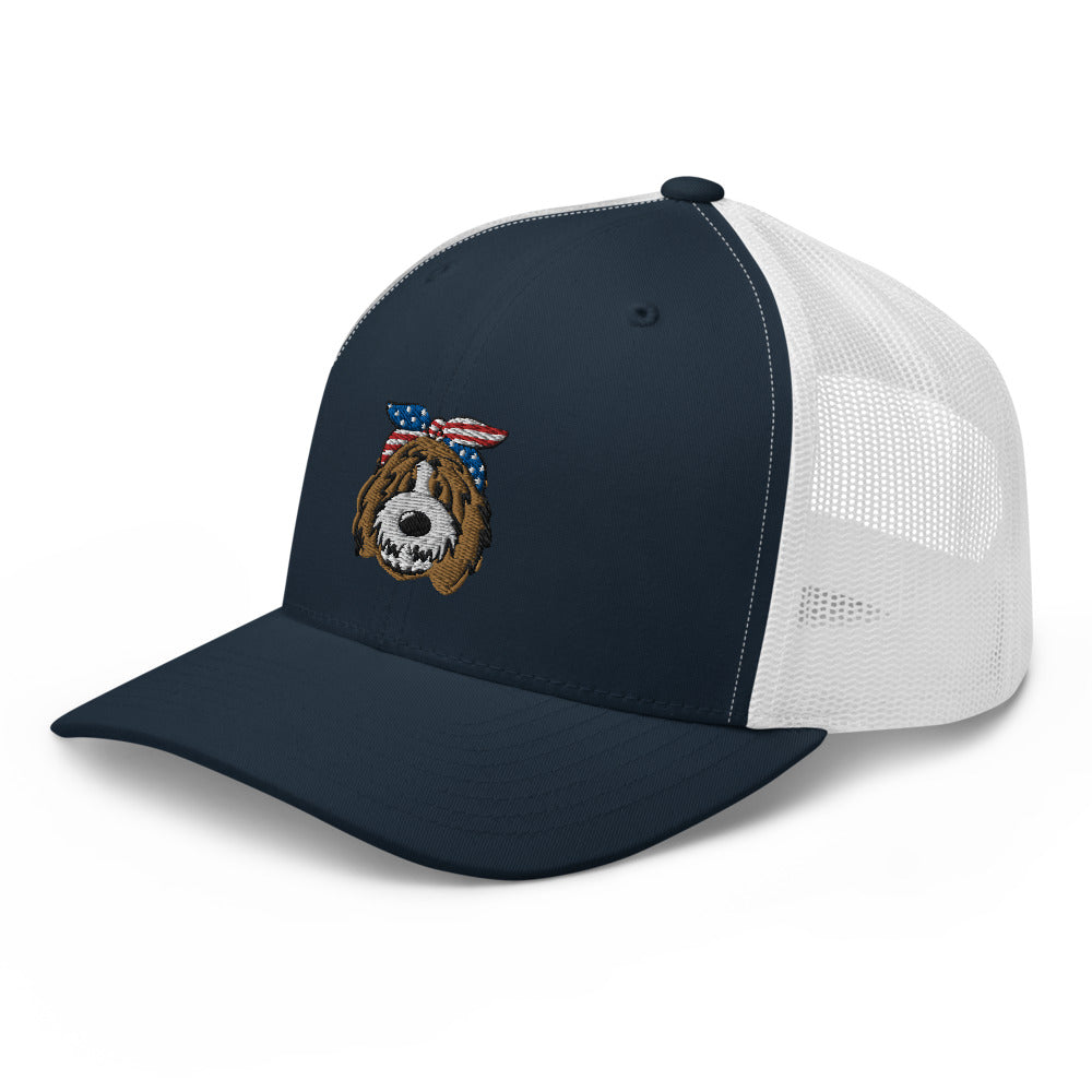 patriotic tuxedo doodle with headband trucker cap