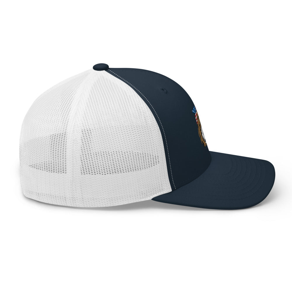 patriotic tuxedo doodle with headband trucker cap