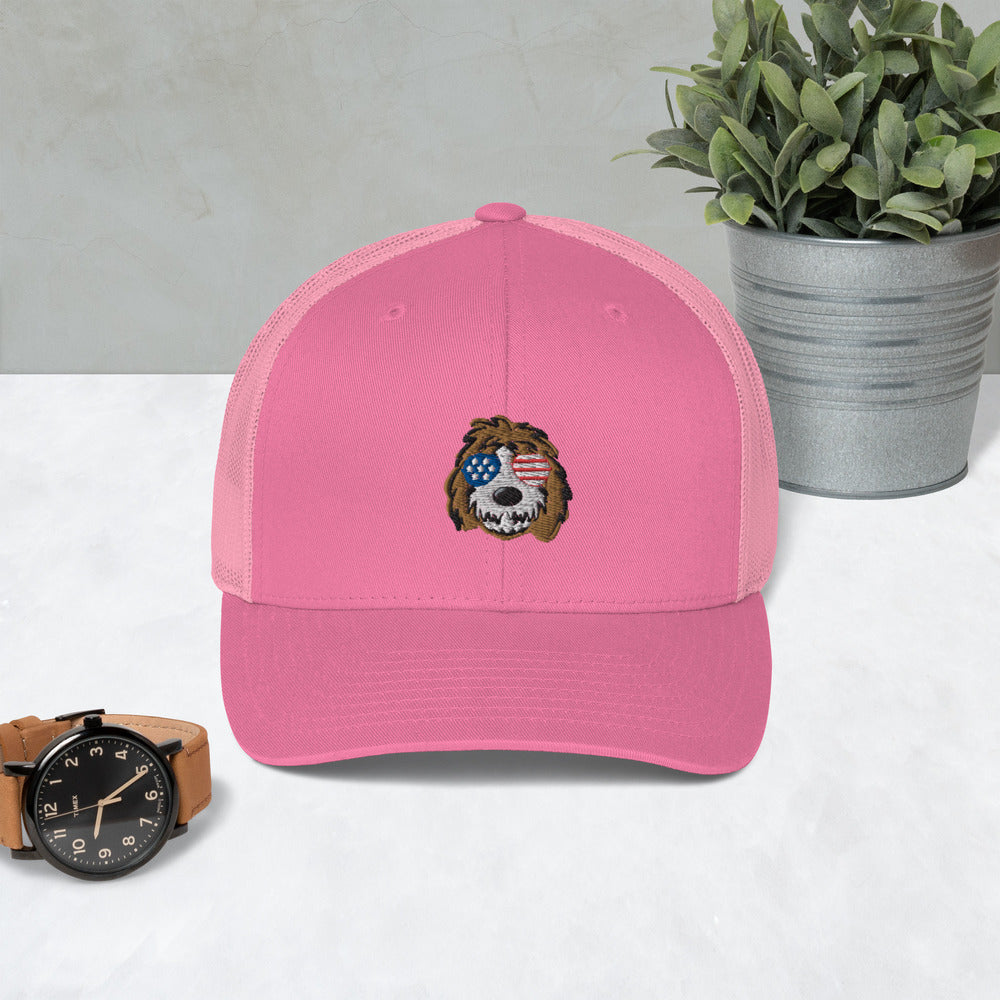 patriotic tuxedo doodle with sunglasses trucker cap