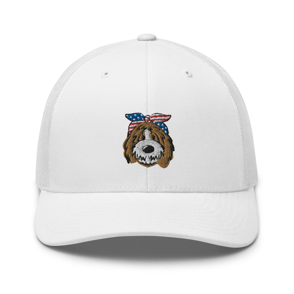 patriotic tuxedo doodle with headband trucker cap