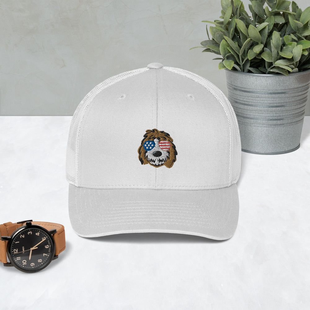 patriotic tuxedo doodle with sunglasses trucker cap
