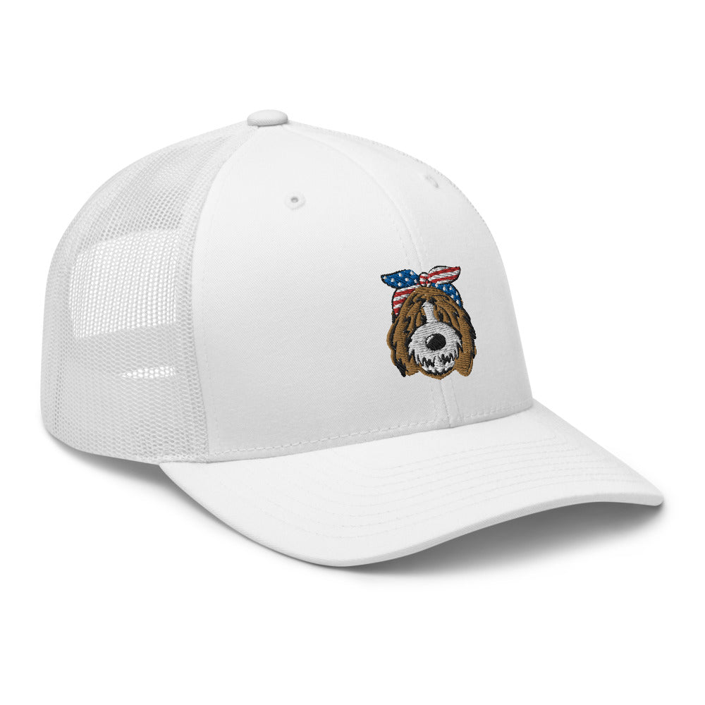 patriotic tuxedo doodle with headband trucker cap