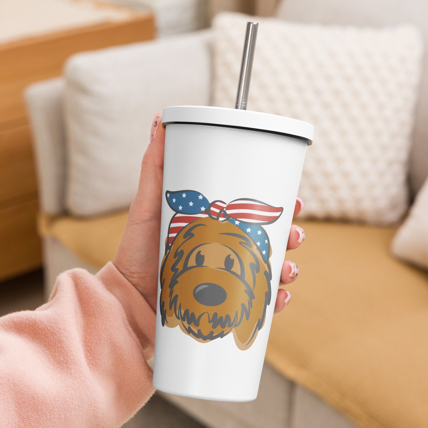 patriotic red girl doodle insulated tumbler w/ straw