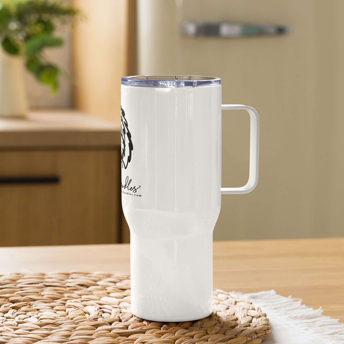 new for the holidays! belladoodle logo -travel mug with a handle