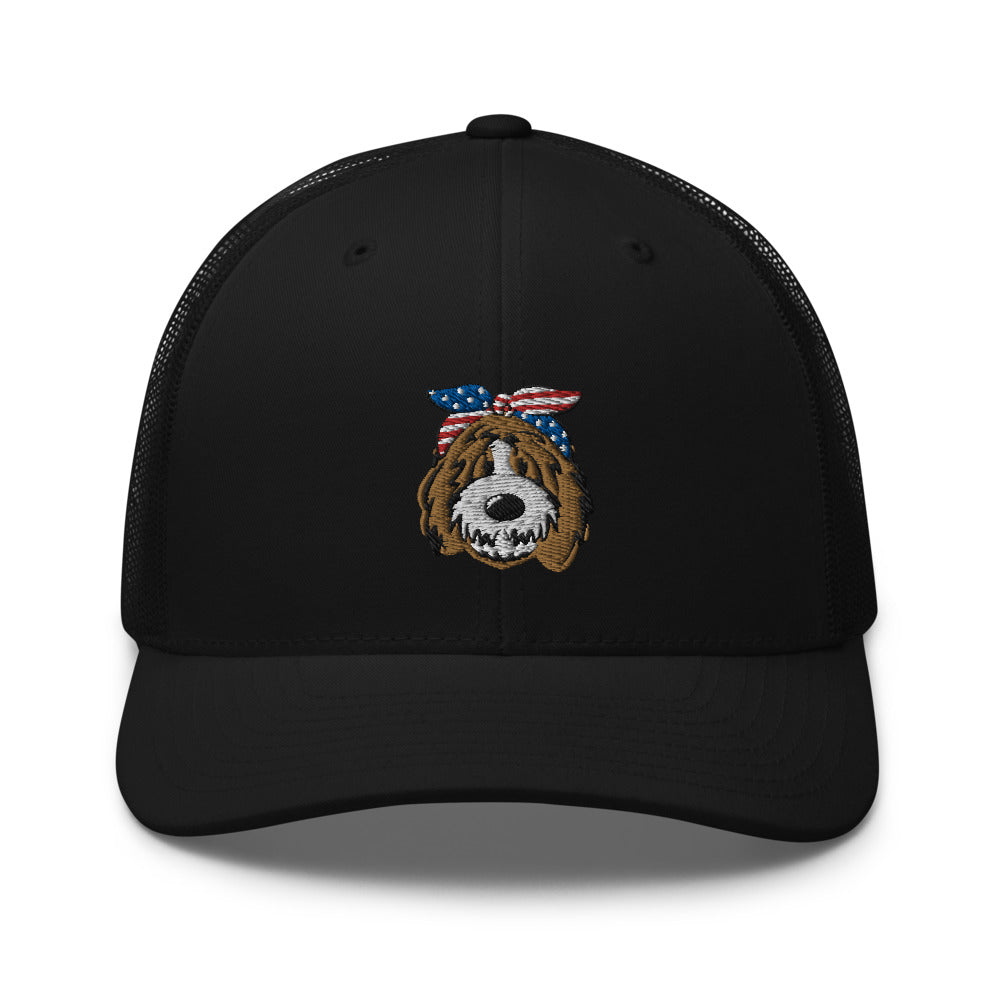 patriotic tuxedo doodle with headband trucker cap